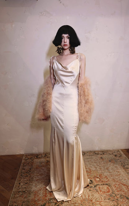 DOLLY Luxury White Stain Retro Sleeveless Long Fishtail Cocktail Dress-BETA