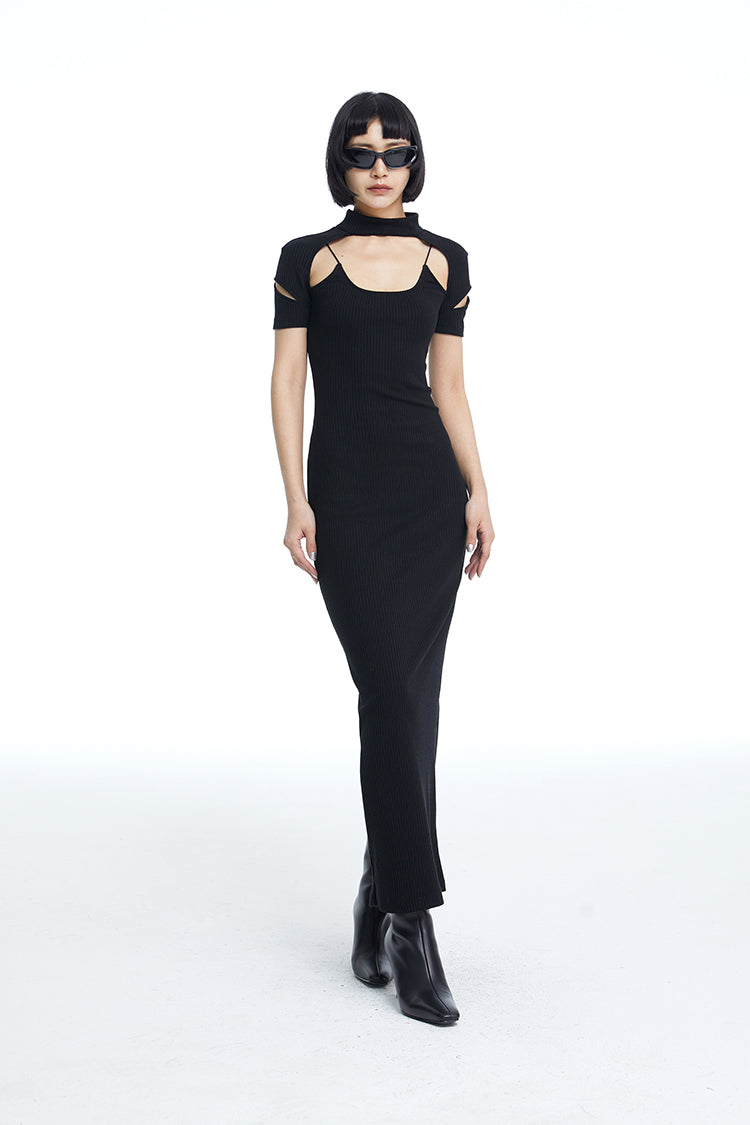 TINY IN fake two-piece deconstructed knitted back slit midi black dress -PUPIN