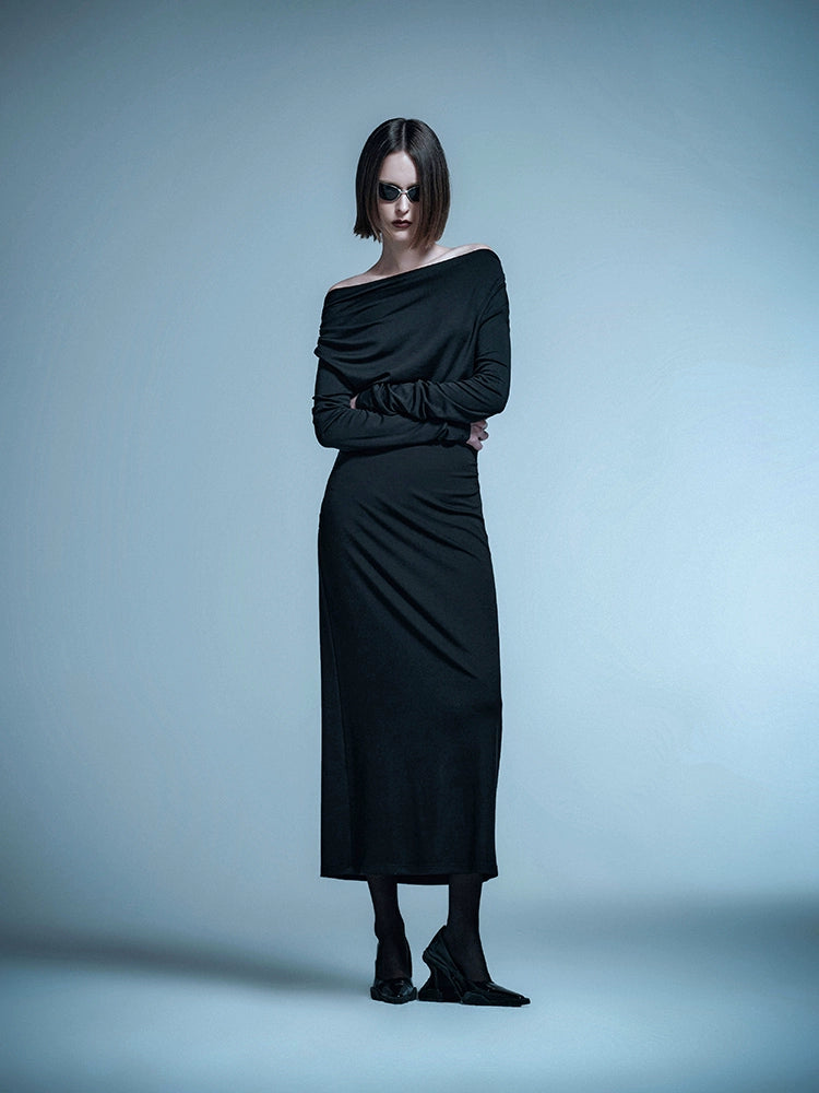 ANNAKIKI  Designer Vertical Back Cut-out Pleated One-Line Neck Dress-MIU