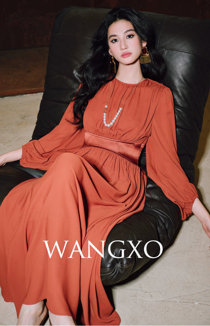 WANGXO | Double-Sided Messy Linen Hand-Spliced Satin Waist Hem Dress - NÍLA.