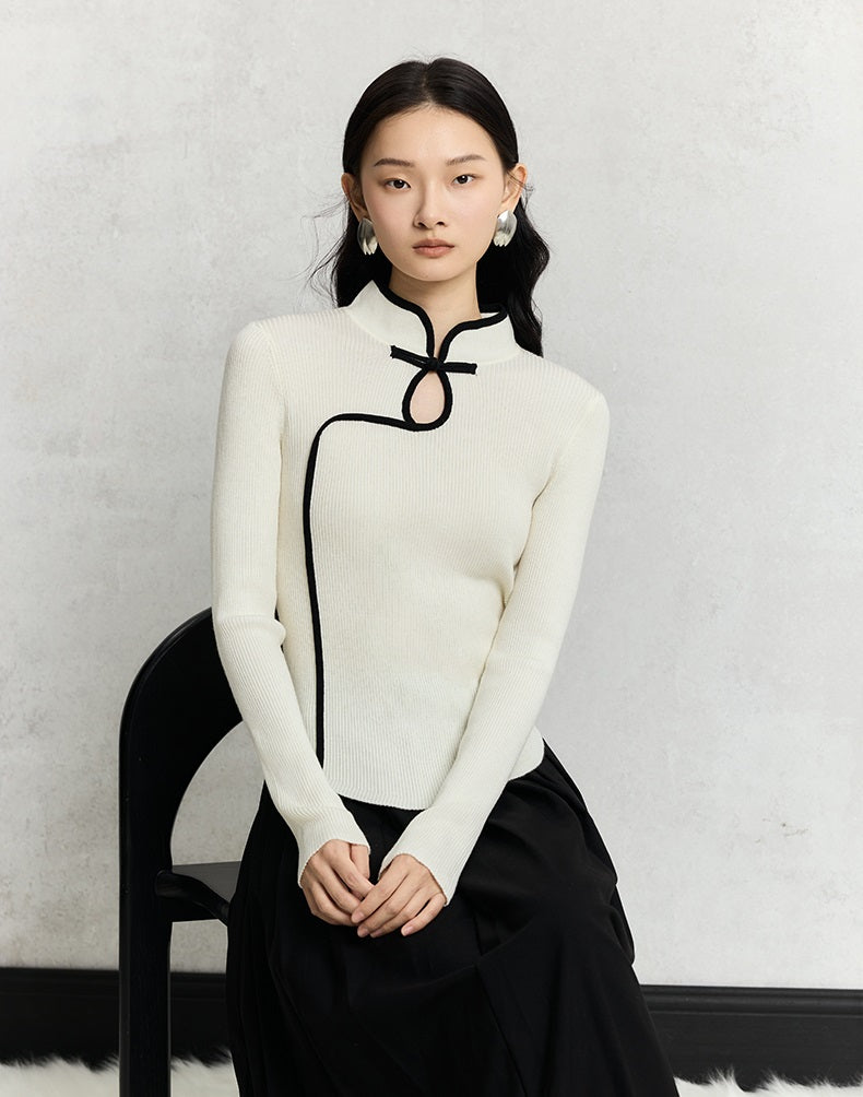 HECO Cheongsam Collar Hollow Buckle red black apricot Knitwear Slim Bottom - whom.
