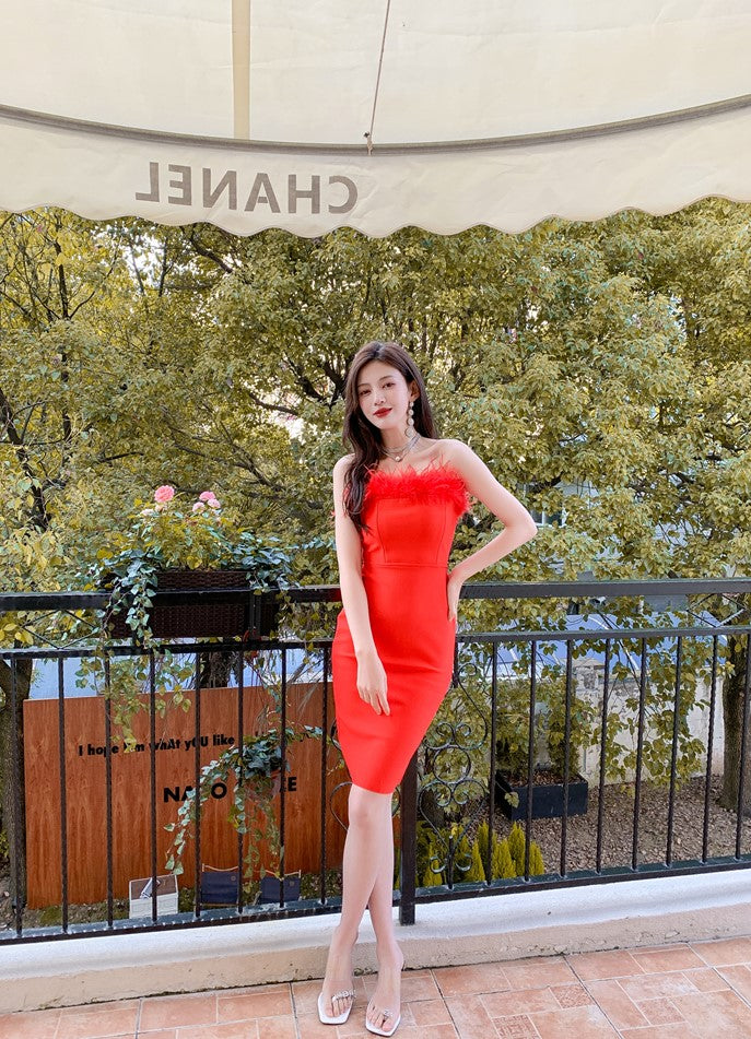 DOLLY Elegant Off Shoulder Feather Tube Top Slim Fit Dinner Date Dress-NANA