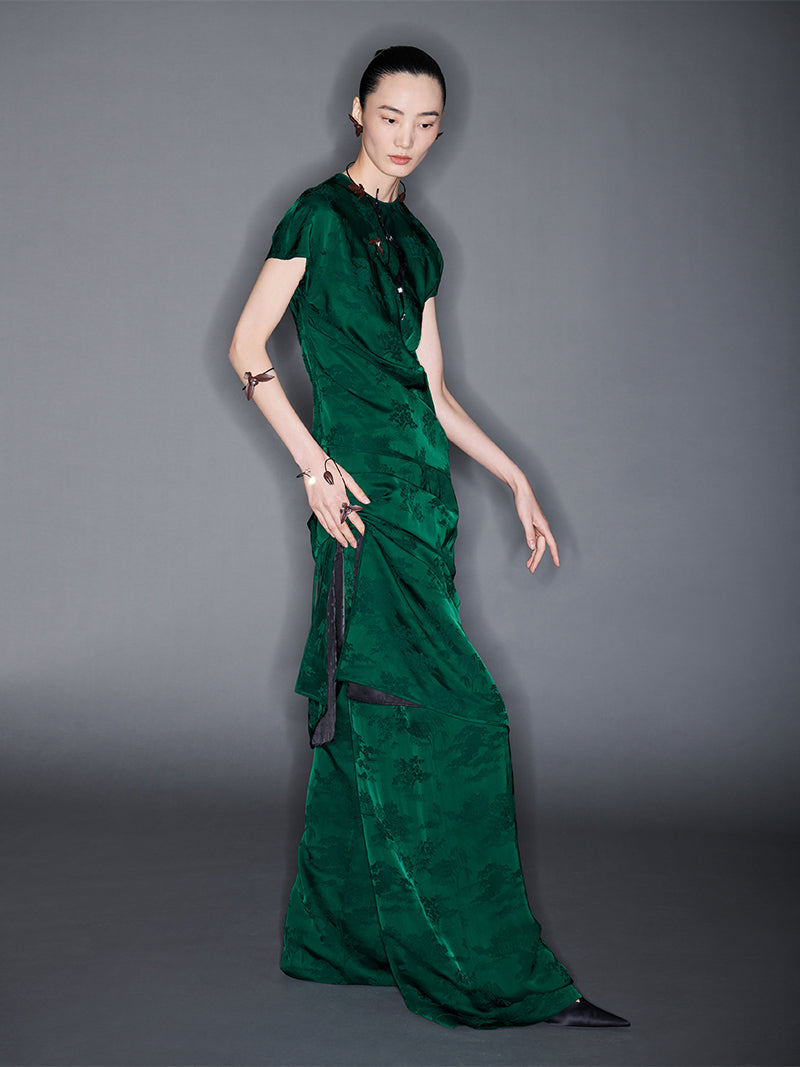 M essential Mackay designer emerald green Jacquard asymmetric top pants set - yellow.