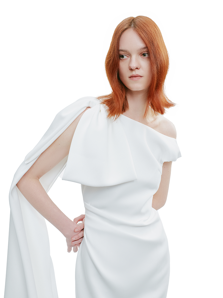 YES BY YESIR |Ye Qian  Slanted Shoulder Ribbon Bow Dress -EVANGELINE.