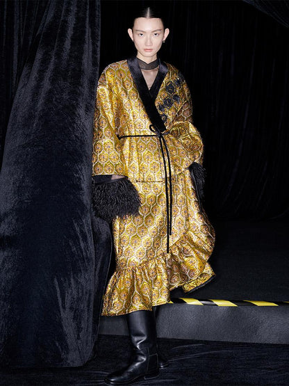 M essential Mackay gold banner jacquard crochet embroidery tunic coat - furbu.