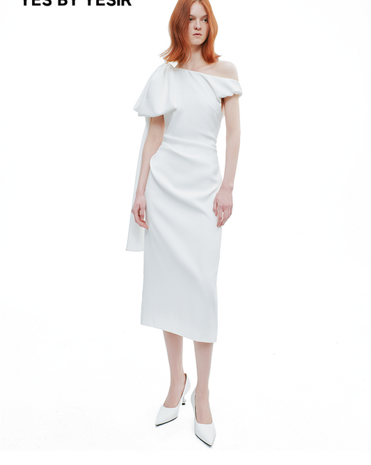YES BY YESIR |Ye Qian  Slanted Shoulder Ribbon Bow Dress -EVANGELINE.
