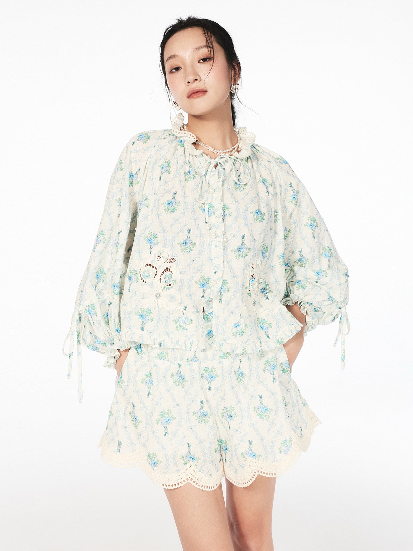 FAME printed disc rope bead embroidered ruffled cutout top - MARCUS