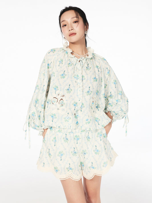 FAME printed disc rope bead embroidered ruffled cutout top - MARCUS