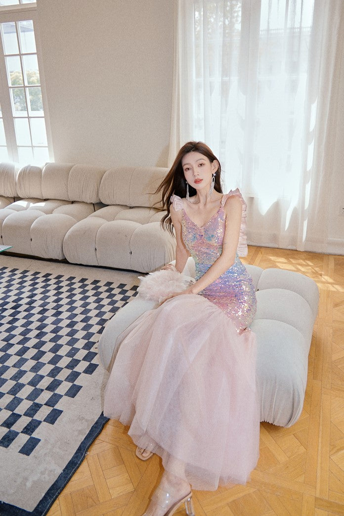 DOLLY Luxury Gradient Deep V-Neck Sleeveless Sequin Long Backless Party Dress-IVETTE