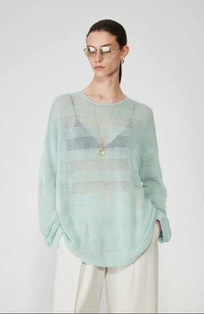PIAOIN Striped Knitwear Women's Long Staple Cotton Crew Neck T-Shirt-NATALIA.