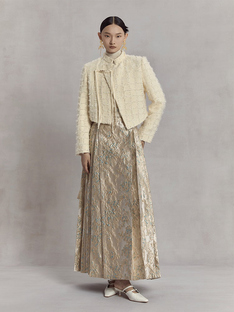 HECO high waist pleat blue purple green jacquard Embossed Skirt Women - king.