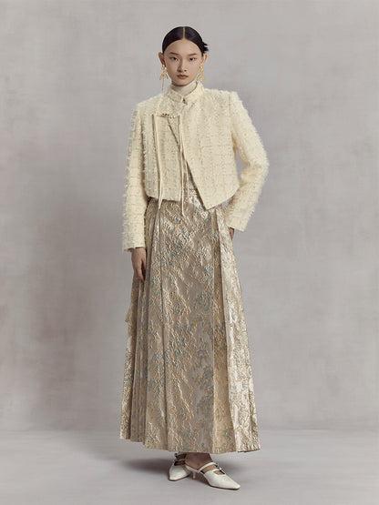 HECO high waist pleat blue purple green jacquard Embossed Skirt Women - king.