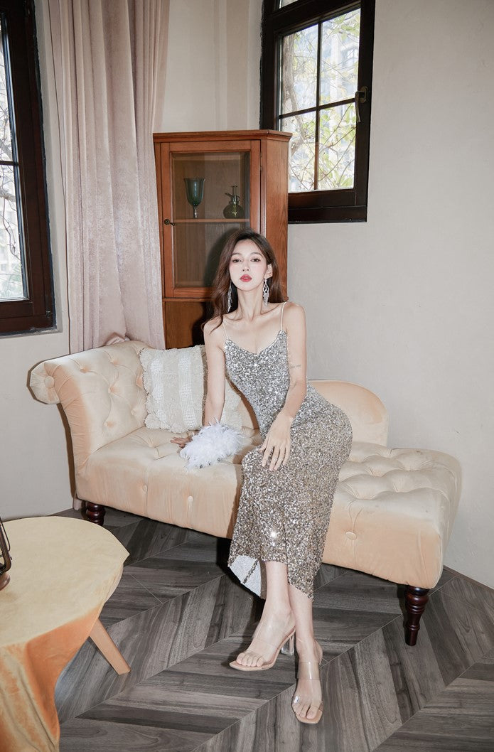 DOLLY High End Retro Style Sliver V-Neck Sleeveless Sequin Long Evening Dress-QUEENETH