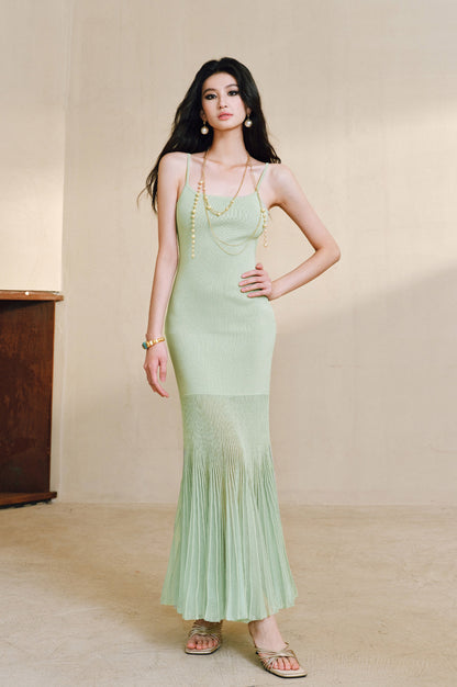 WANGXO | High-Quality Linen Tulle Temperament Suspender Fishtail Dress-LÉYA.