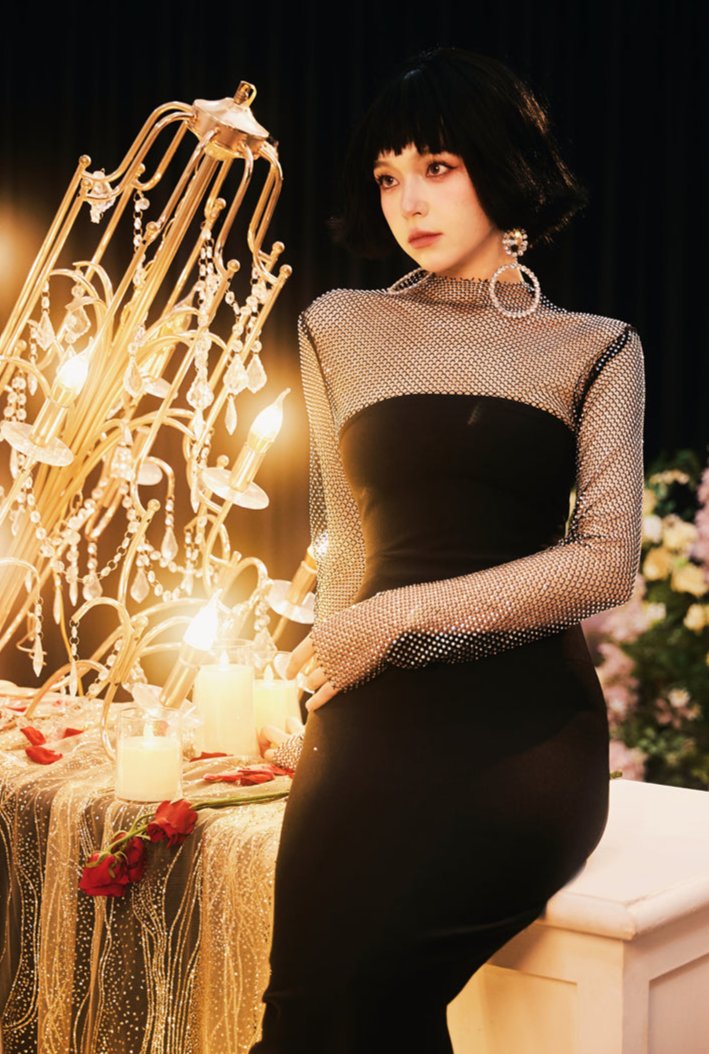 DOLLY Elegant Black Queen Style Turtle Neck Long Sleeve Slim Fit Long Dinner Dress-ELUALIA