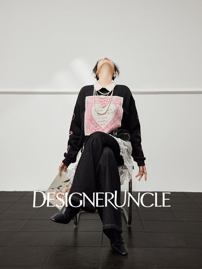 DGU×LAB "Star Dance" black fleece sweatshirt love print crew neck top - MAH