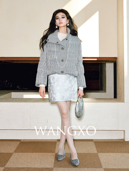 WANGXO | Liquid Silver Dark-Pattern Luster Leather High-Waisted PU Skirt - RAYA.