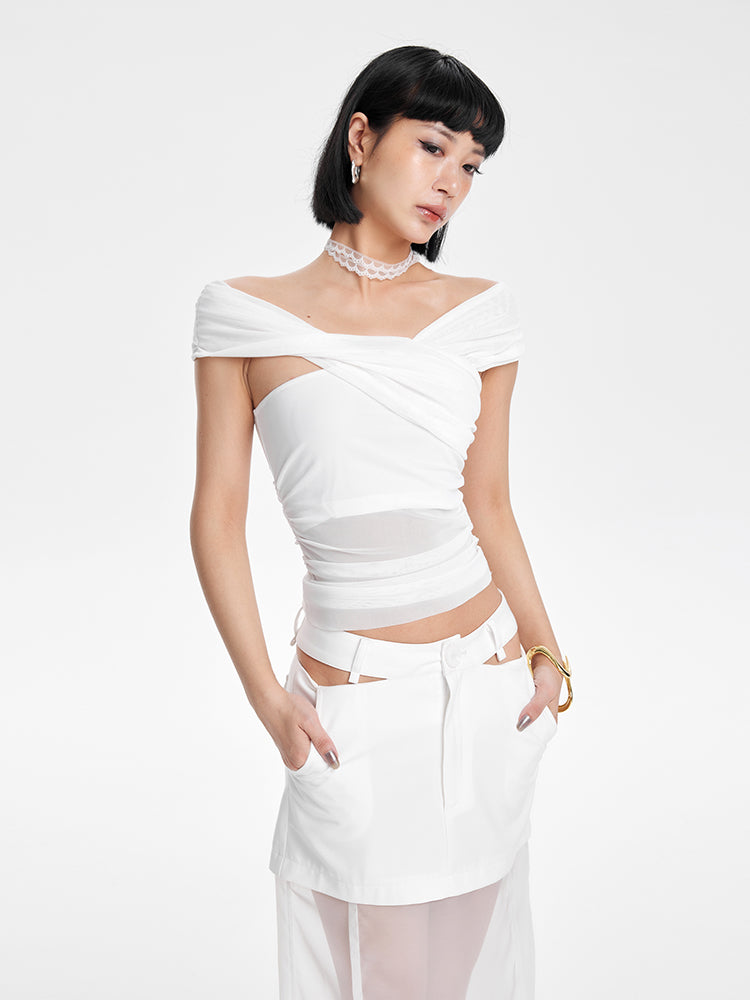 TINY IN short sleeve irregular slim mesh top -ASH