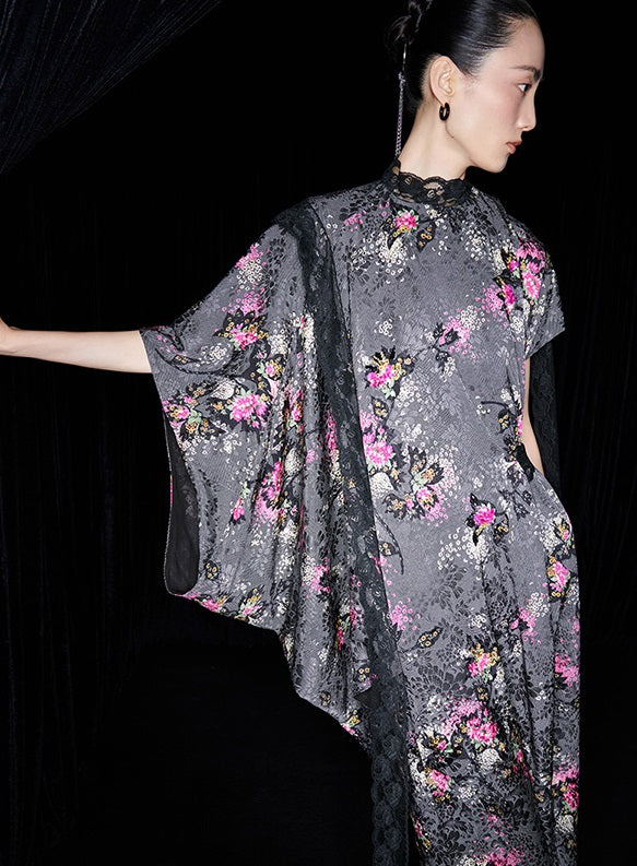 M essential Mackay designer cherry blossom print beaded asymmetrical dress - WORDS.