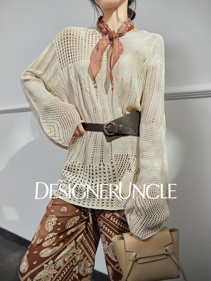 DGU| Khaki Knitted Sweater Hollow Design Niche Loose Top - Felicia.