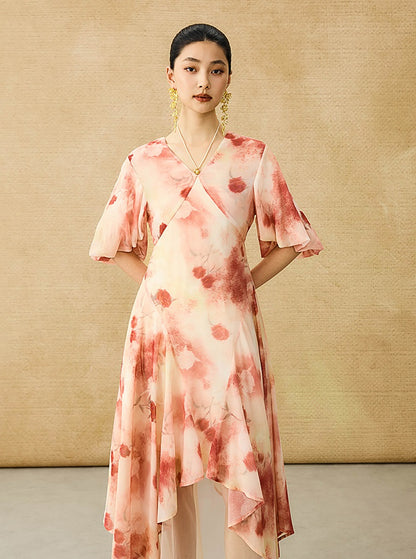 HECO Chinese Floral V-neck Asymmetric Hem Long Dress - DOMINION.