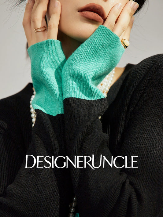 DGU×LAB|Black flared sleeve knitted color-blocked V-neck slim inner sweater - SAVD