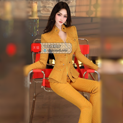 VJE  Slim Suit Jacket High-waisted Micro Flared Pants Two-Piece Set-HONG.