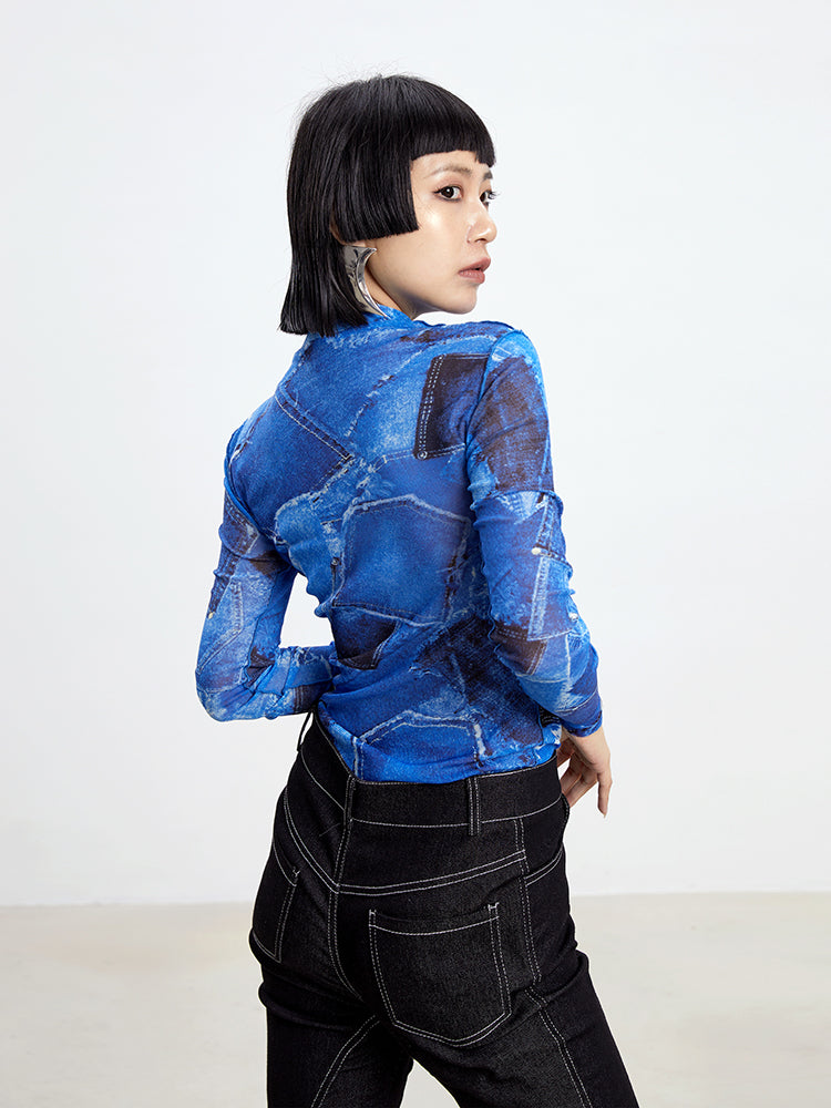 TINY IN denim print sun protection mesh long short sleeve t-shirt -IHU