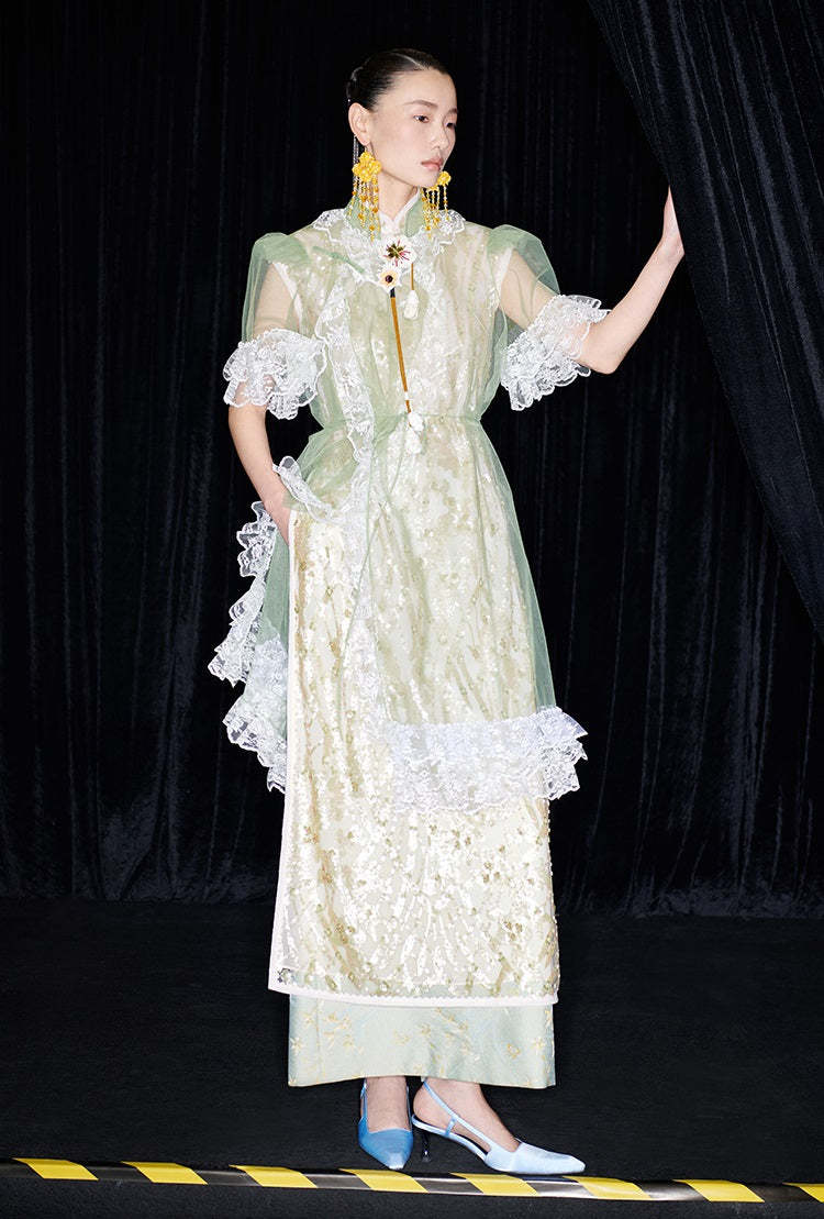 M essential Mackay designer Ear Mesh lace welt stand-up collar dress - DOUNT.