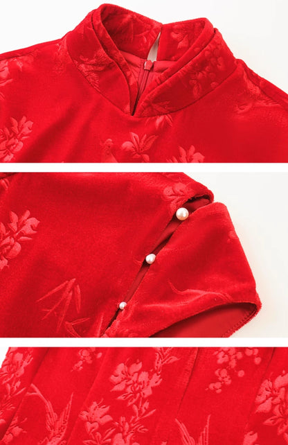 HECO Velvet Embossed Red Black Long Dress Women's- EXPECT.