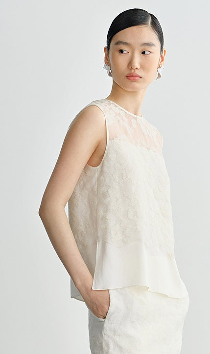 COMME MOI Silk Embroidered Top Sleeveless white Shirt - SIMON.