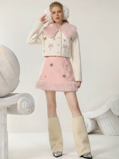 CHECOCRE Chic Romantic Sweet White and Pink Fur Collar Suit - INTENSE
