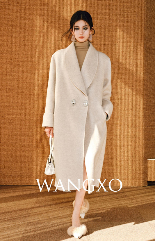 WANGXO | Wool-Rabbit Hair Mulberry Silk Blend Double-Sided Tweed Coat - MAIA.