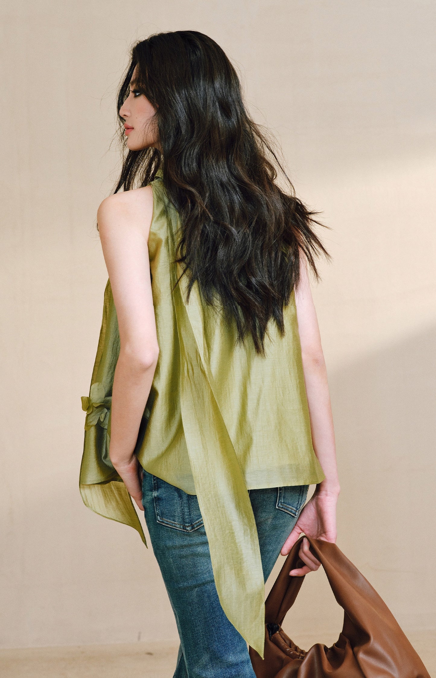 WANGXO Luxury Brand High-End Tencel Acetate Heavy Handmade Nail Flowers French Loose Ribbon Sleeveless Top - MAEVE