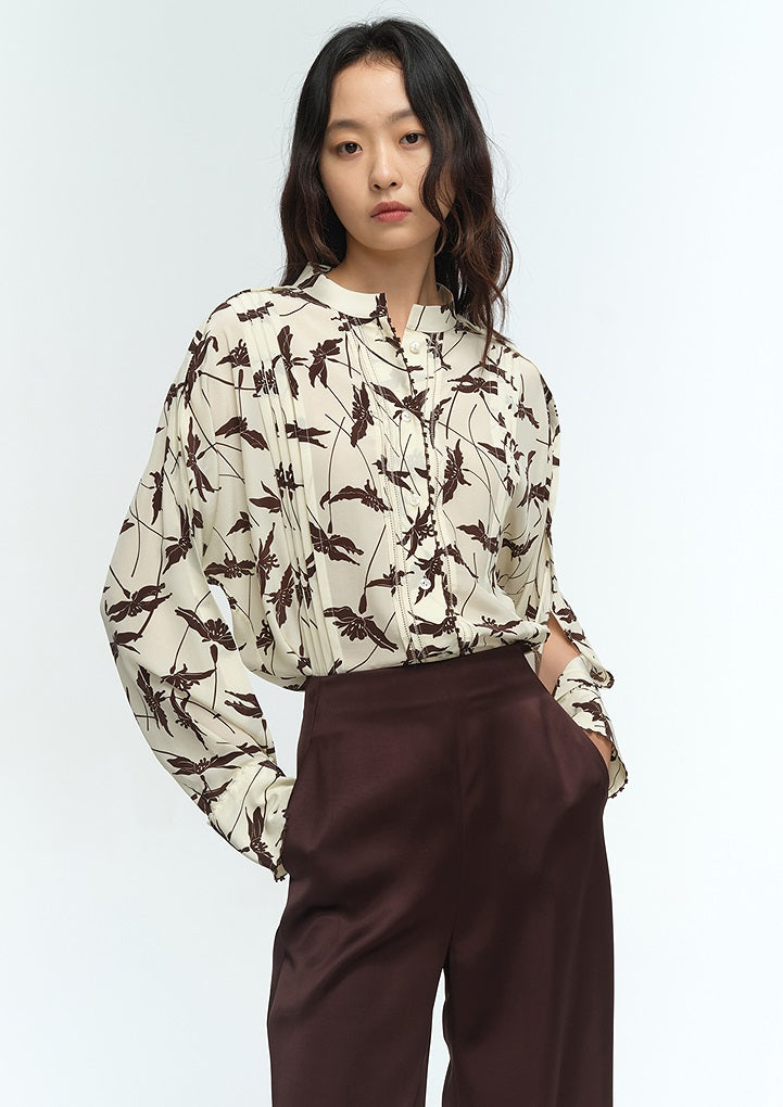 COMME MOI Lu Yan Designer's new women's printed mulberry silk stand-up collar long-sleeved shirt - DESTINY.