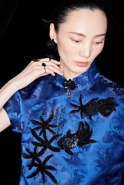 M essential Ma Kai designer Haiqing jacquard gag fish algae pattern nail bead top - CHEN.