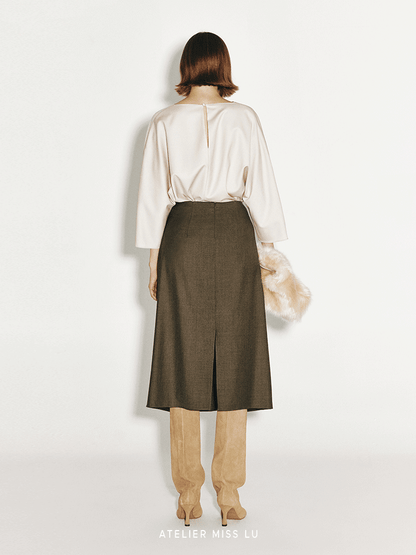 ATELIER MISS LU Fall/Winter shirred tailoring design sheep wool skirt - BEATRIX