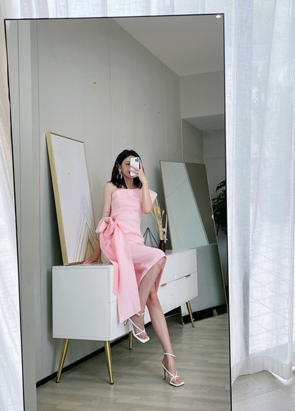 DOLLY Elegant French Style Slant Collar Sleeveless High Waist Midi Dress-QUINNE