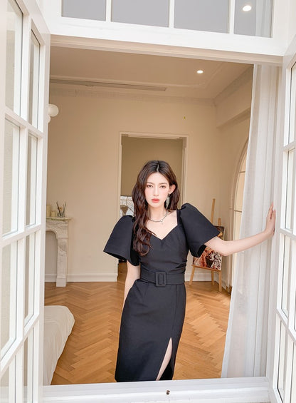 DOLLY Luxury Black Retro V-Neck Short Puff Sleeve Midi Luncheon Dress-SUSU