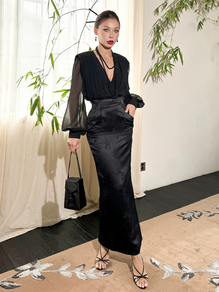 Le Palais Vintage Luxury Black Deep V-Neck Mesh Long Sleeve Top + Long Skirt-LING.