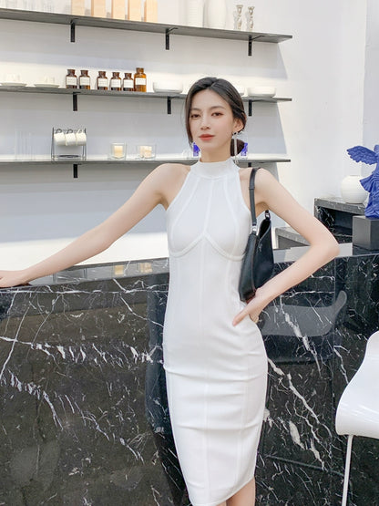 DOLLY Elegant Sleeveless Stand Collar Body Hug Midi Sexy Date Dress-NAT