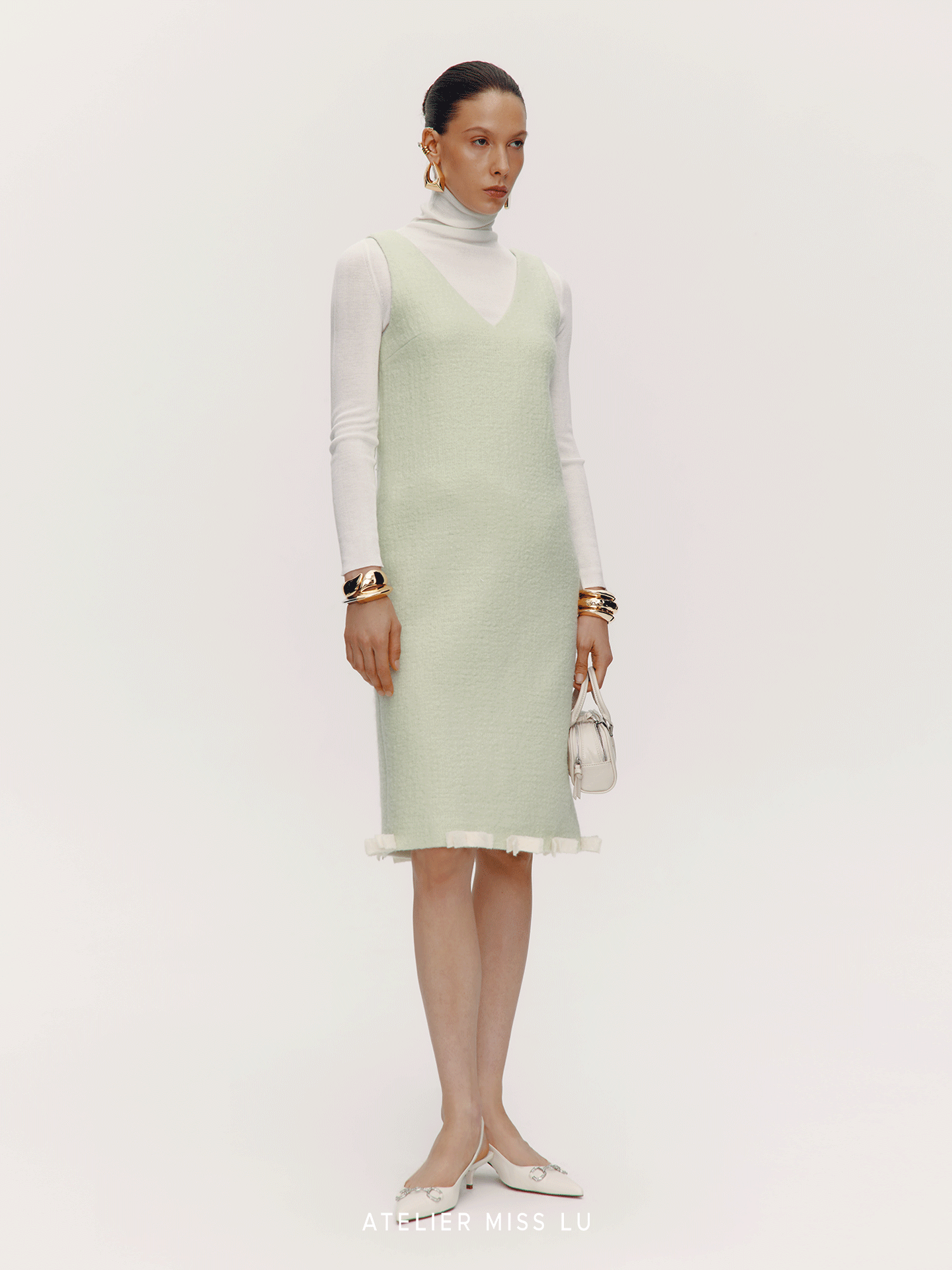 ATELIER MISS LU Bow Patchwork Sheep Wool Dress - SHANE.