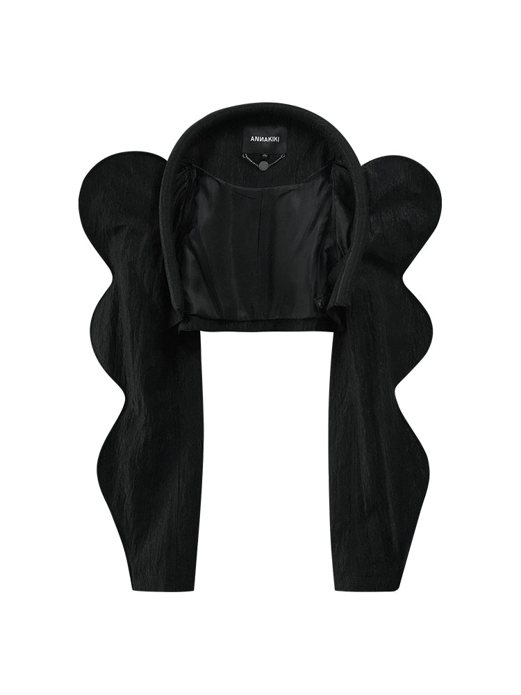 ANNAKIKI model black wavy cotton swab long sleeve short coat for women-MICKEY