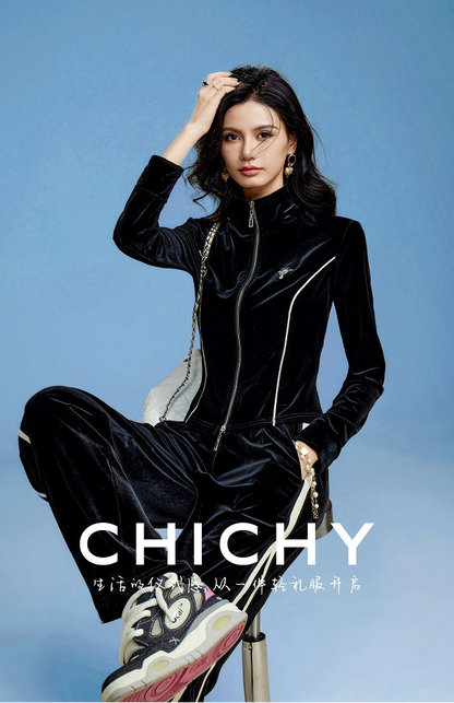 CHICHY slimming classic retro socialite style black velvet two-piece set-ADORA.