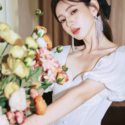 DOLLY Elegant Square Collar Short Sleeve Corset Top Backless Midi A-Line Dress-GISELA