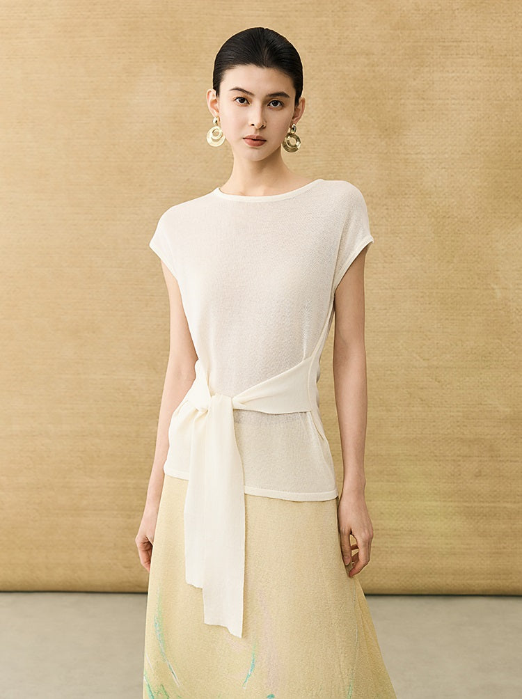 HECO Chinese Slimming Waist Linen Knit Breathable Crew Neck T-Shirt - INDIGO.