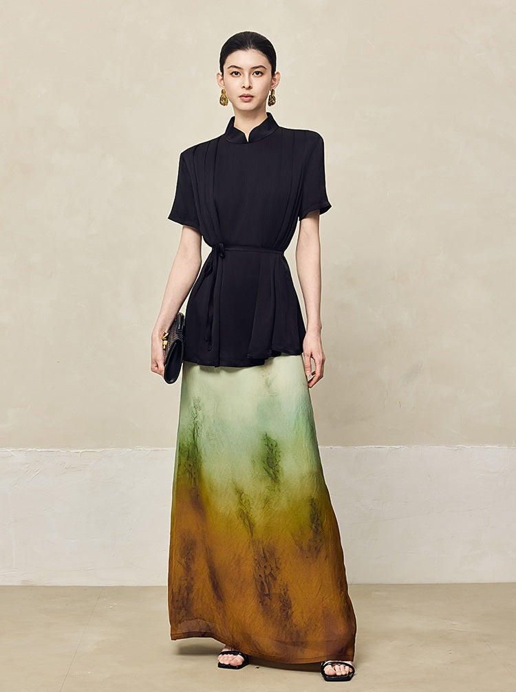 HECO acetate press-pleated cinched waist black white texture t-Shirt - NONE.