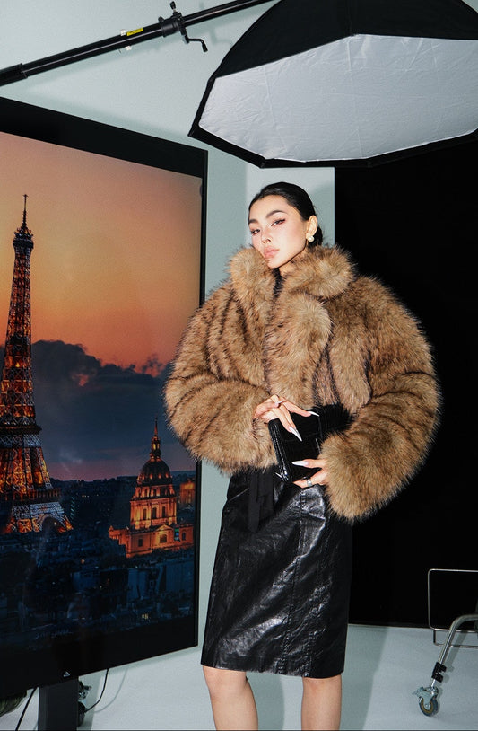MEI SANGUAN coffee color short eco-friendly fur jacket - FRANSISCO