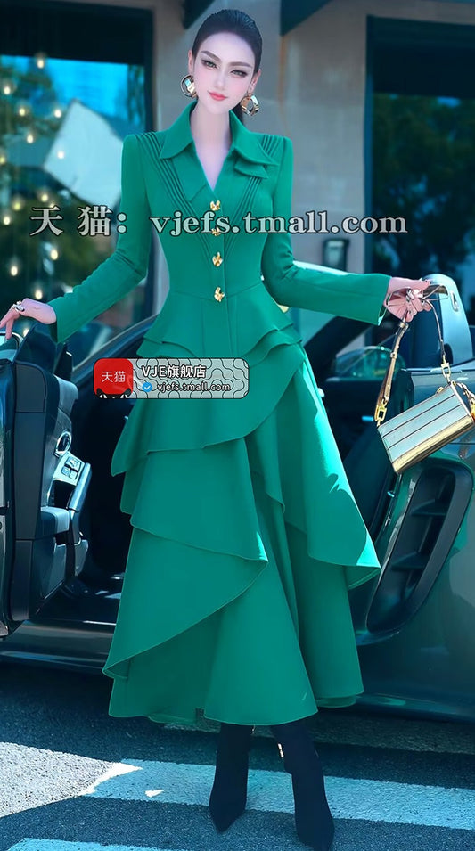 VJE Outfit Suit Skirt Western-style Jacket Two-piece Irregular Long Skirt-NIMA.