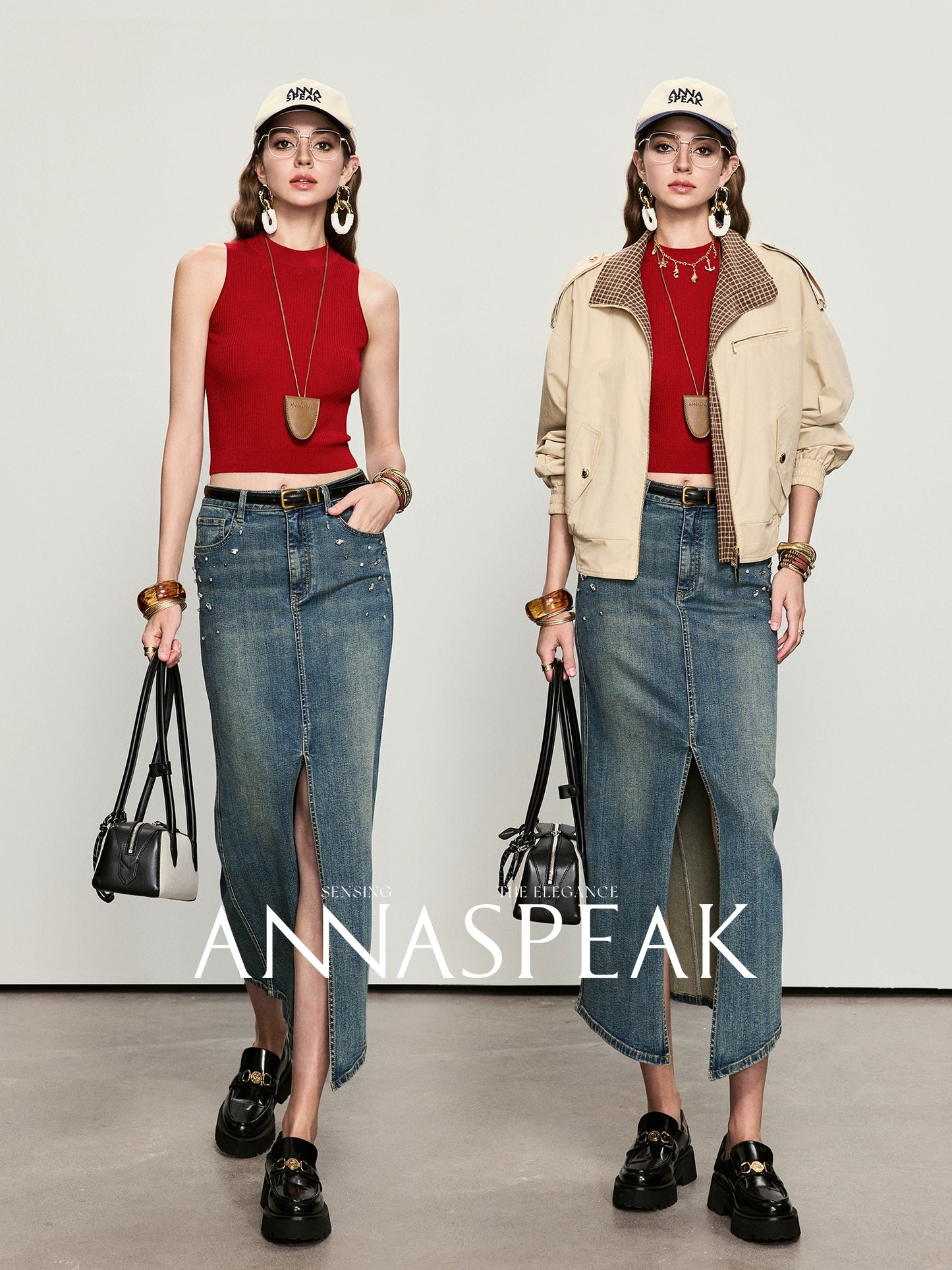 ANNASPEAK Denim long staple cotton slit skirt denim skirt-ISLE.